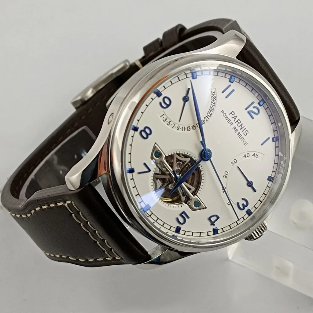 Parnis 43mm Luxury Power Reser - مراجعة Leather Watch Strap وسعره